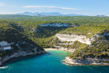 View of Bonifacio wild coast cliff rocks, Corsica island, France