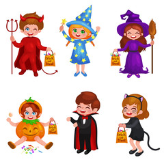 Happy Halloween. Set of cute cartoon children in colorful halloween costumes: Dracula, girl dressed as a pumpkin, sorceress, devil , witch , cat
