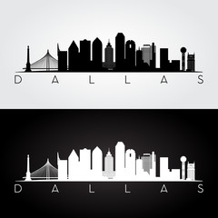 Dallas USA skyline and landmarks silhouette, black and white design, vector illustration. - obrazy, fototapety, plakaty