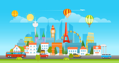 Dirrefent world famous sights. Modern cityscape Vector travel il