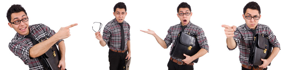 Young employee with briefcase isolated on white