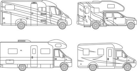 Coloring pages. Set of different silhouettes car, travel trailers flat linear icons isolated on white background. Modern caravan. Vector illustration.