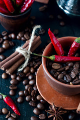 Coffee beans and red chilly peppers