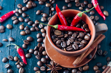 Coffee beans and red chilly peppers