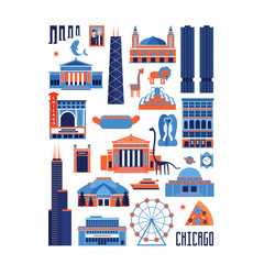Blue and red vector set of Chicago' famous landmarks. Flat style designed historic buildings, sightseeing and known museums on white background. - obrazy, fototapety, plakaty