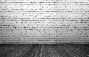 Rendering of interior with old white brick wall and wooden floor