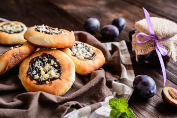 Traditional Moravian pies with plum jam, curd filling and crumble