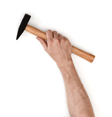 Close-up view of a man's hand holding hammer, isolated on white background
