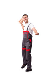 Young worker with brick isolated on white