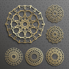 Islamic ornament vector , persian motiff . 3d ramadan  round pattern elements . Geometric logo template set. Circular ornamental arabic symbols  .
