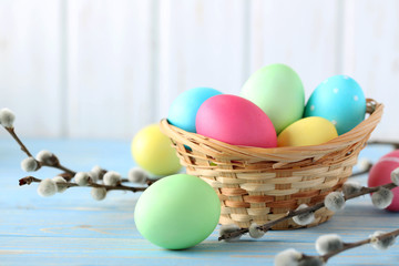 Easter eggs on a blue wooden table