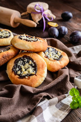 Traditional Moravian pies with plum jam, curd filling and crumble