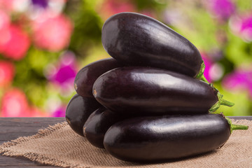 eggplant with a napkin of burlap on wooden table blurred green background