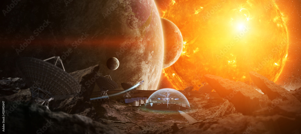 Poster observatory station in space 3d rendering elements of this image
