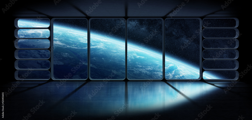 Fototapete view of the planet earth from a huge spaceship window 3d renderi