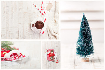 Christmas collage - hot chocolate, artifical christmas tree, candy cane and vintage cutlery