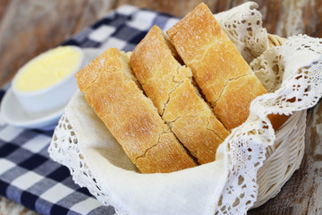 Slices of ciabatta in bread basket, closeup
