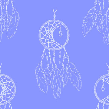 Ethnic hand made feather dream catcher seamless pattern vector