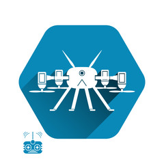 Vector isolated icon of quadrocopter silhouette with shadow and remote control on the white and blue background.