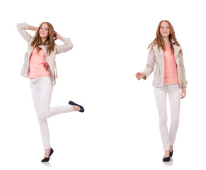 Happy woman in winter clothing isolated on white