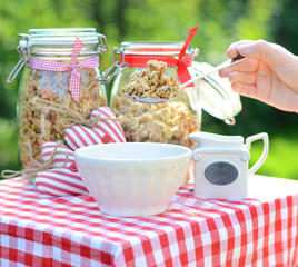 Tasty breakfast in the summer garden
