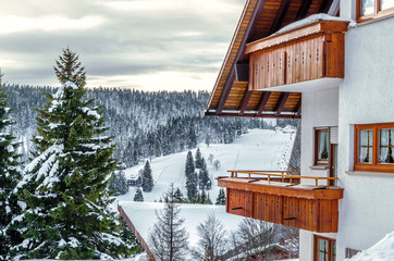 Holiday cottage in the mountains with views of the winter forest