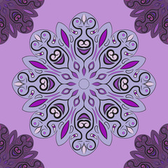 Violet vector seamless pattern with flowery mandalas print made in oriental style. Design for wrapper, decoration, carpet or textile.