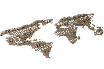 the http Address on the world map with the texture of the soil isolated on white background