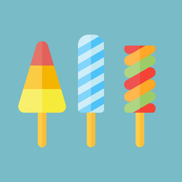 Set of ice cream in flat style. Ice lolly isolated on blue background. Popsicles vector illustration.