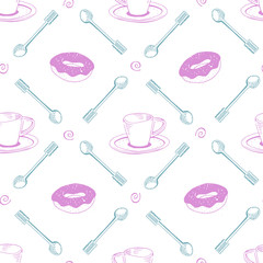 Seamless pattern with hand drawn tea and coffee cups.