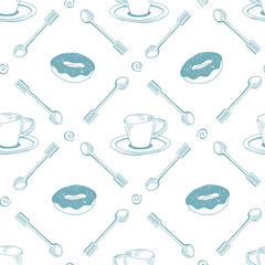 Seamless pattern with hand drawn tea and coffee cups.