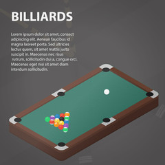 Vector isometric banner of billiards for website, apps and infographics. Business concept of sport game. Illustration of pool table and balls. Set of snooker equipment.