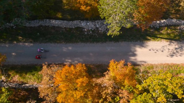 Aerial top tracking bikers on macadam road
