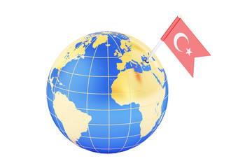 Turkish pin flag on globe map, 3D rendering