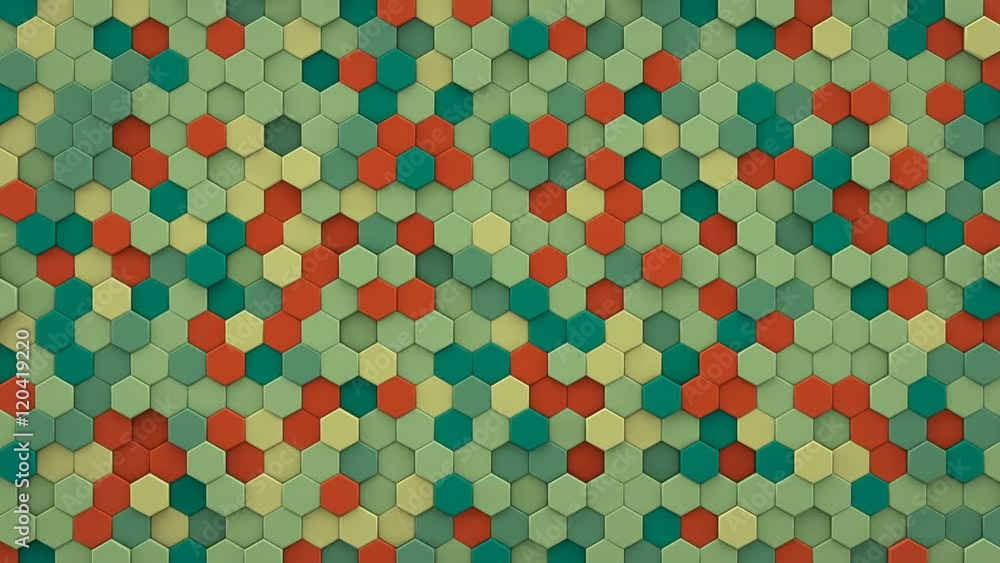 Poster chaotic extruded hexagons wall. modern 3d render smooth animation with motion blur. seamless loop ab