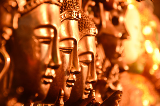 Gold Buddha Head Arranged Selective Focus.