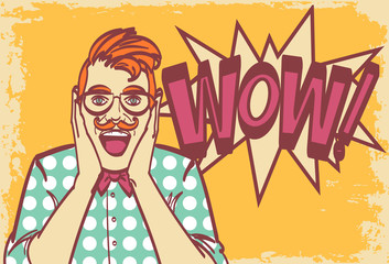 Isolated male with surprise expression on his face. Hipster wow face drawing