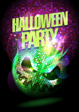 Halloween party poster with burning spooky disco ball