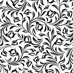 Vector seamless black and white floral pattern.
