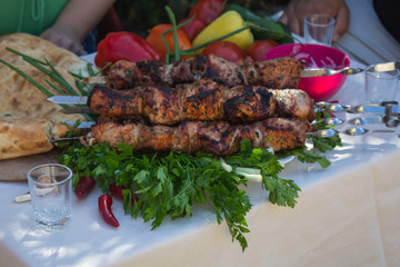 skewers of meat on a table in a garden with tomatoes, tortillas and vegetables