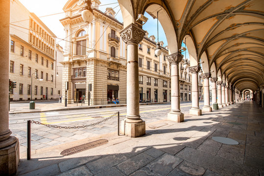 Fototapeta Central street with beautiful buildings in Turin city in Piedmont region in Italy