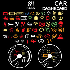 Fototapeta premium vector collection of car dashboard panel indicators, yellow red green blue indicators