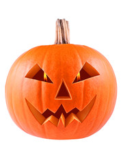 Pumpkin, halloween, old jack o lantern on white background with flames in the eyes