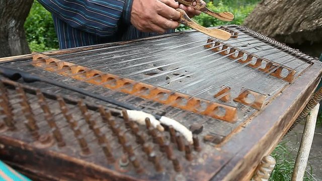 musician plays the old Ukrainian dulcimer