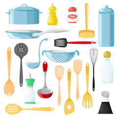 Set of different utensils for cooking. Wooden spoon. Tableware for seasonings. Pepper. Vector illustration.