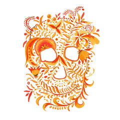 skull with Khokhloma ornament. isolated illustration. watercolor.