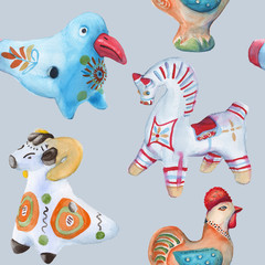 Background Toy clay. Dymkovo toys. seamless pattern. watercolor illustration.