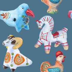 Fototapeta premium Background Toy clay. Dymkovo toys. seamless pattern. watercolor illustration.