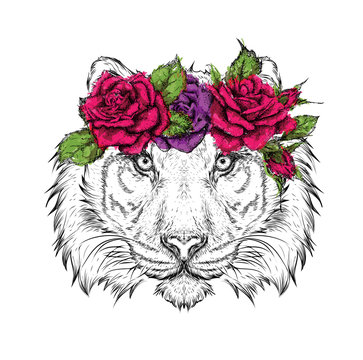 Hand draw portrait of tiger wearing a wreath of flowers. Vector illustration