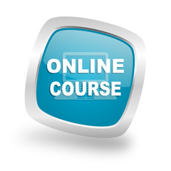 online course square blue glossy chrome silver metallic web icon